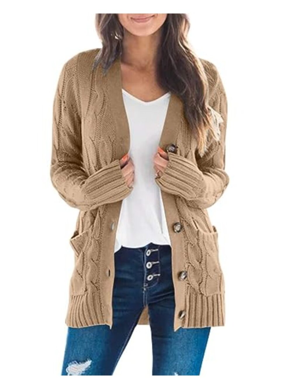 Cable Knit Cardigan Sweater Button Open Front Lightweight Knit Women's